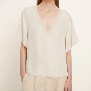 NWT Vince Rib-Trim Double V-Neck Short Sleeve Popover